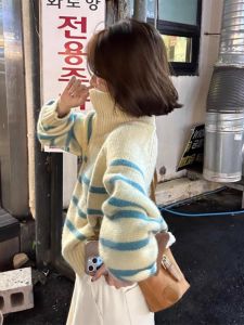 Korean Style Striped Half Zipper Collared Sweater Womens Autumn Winter Lazy High Collar Knitted Top Fashion Commute Loose Fit