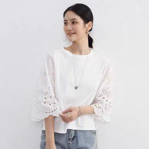 Korean Style Embroidered Hollow out Lace Trim Blouse mid Sleeve Womens Top Sweet Blossom Patchwork Splicing T-Shirt