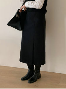 Spring Autumn Thick Warm Woolen Straight Cut Mini Skirt Wrap around Skirt Long Woolen Dress Black Versatile High Waist