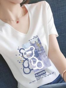Womens Cotton V-Neck Short Sleeve Base Shirt Summer 2025 New Cartoon Bear Korean Style Versatile Comfortable Letter Ear Cover