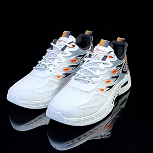 NOST รองเท้าผ้าใบ ผช รองเท้าผ้าใบสีเทาและส้มสไตล์เทรนด์สำหรับผู้ชาย รองเท้าผ้าใบตาข่ายระบายอากาศหนา สไตล์สปอร์ตเอาท์ดอร์สุดเก๋