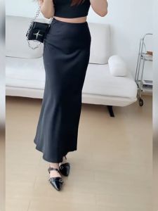 Women Korean Style Midi Skirt High Waist Wrap Hip Skirt Wrapped Hip Satin Fishtail High Waist Slimming Temperament