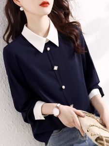 Spring Autumn Fashionable Color Block Collar Womens Shirt Versatile Long Sleeve Polo Collar Button up Korean Style Casual Shirt