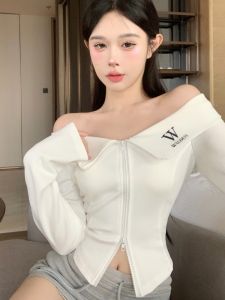 GUZILIAN | Chic Shoulder Bared Hoodie Womens Fashionable Design Double Zipper Open Cardigan Short Slimming Top Korean Style Commute Wind