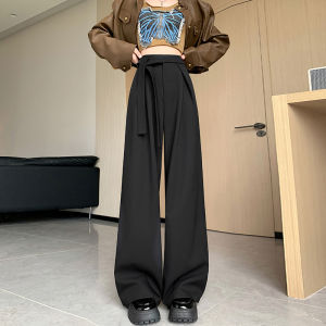 La Chapelle Brown Wide Leg Pants Womens Autumn New Old Money Style Design Sense Tie Drag Suit Pants High Waist Straight Cut