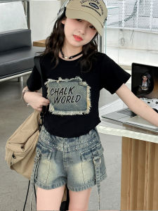 Bộ Quần Short Denim Mùa Hè Cho Bé Gái Áo Vest Tay Ngắn Thời Trang Bộ Đồ Trẻ Em Cỡ Lớn Đồ Trẻ Em Hợp Thời Trang Mùa Hè