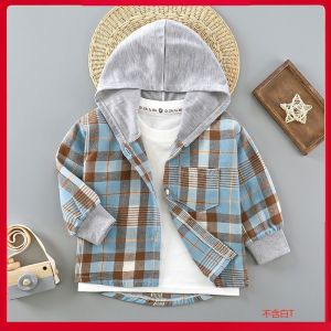 Childrens Spring Autumn Plaid Hooded Long Sleeve Shirt Boys Casual Fashion Baby Clothing Toddler Kids Outfit Spring Autumn