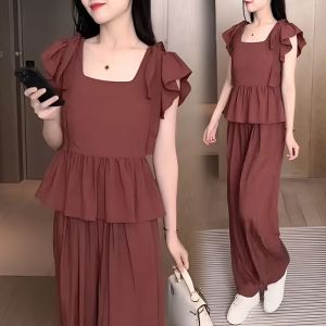 ชุดสองชิ้นสุดเก๋ไก๋สำหรับผู้หญิงในฤดูร้อนปี 2024 แขนกุด กระโปรงทรงเอเอวสูง ผูกโบว์ผีเสื้อ ชุดแฟชั่นสุดเก๋ไก๋