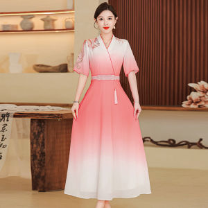 High-End Foot Bath Beauty Salon Uniform Womens Work Dress Elegant A-Line Skirt Short Sleeve V-Neck Zipper High Waist Gradual Color