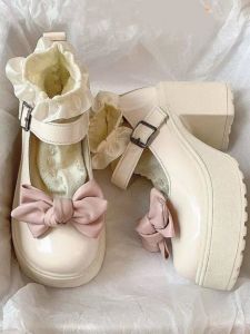 Sweet Lolita Thick Heel Mary Jane High Heels Womens Fashion Single Shoes round Toe Buckle Closure Waterproof Rubber Outsole