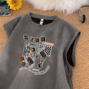 American Style High Street Fashion Brand Ins Suede Sleeveless T-Shirt Men Fashion Retro Basketball Sports Loose Underwaist Tank