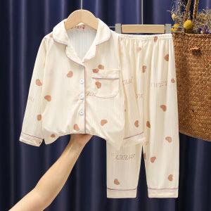 Girls Sleepwear Long Sleeve Collared Heart Princess Style Cotton Linen Home Clothes Set Air Conditioning Suitable for Spring Autumn
