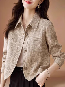 MAIMEI | Elegant Short Womens Jacket Casual Fashionable Brand Commute Style Polyester Fiber Long Sleeve Button Up Coat For Mom