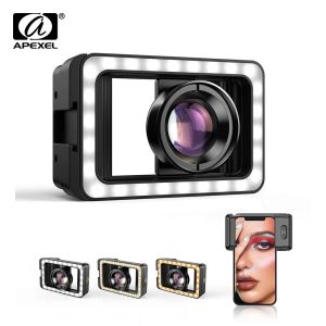 apexel | APEXEL New Upgrated 4k HD 100mm Macro Lens With LED Fill Light Universal Clamp Micro Lenses for iPhone Samsung All Smartphones