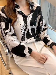Kualitas Tinggi Garis-garis Hitam Putih Kemeja Wanita Lengan Panjang Fashion Atasan Kasual Jalanan Korea