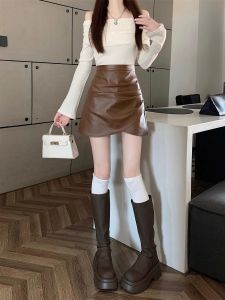 High Waist PU Leather Asymmetrical Skirt Womens plus Size Short A-Line Skirt with Pleats Slimming Korean Style Commute