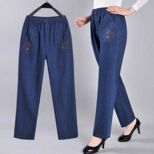 Middle-Aged and Elderly Denim Women High Waist Elastic Waist Ladieswear Denim Summer Thin Elderly Straight-leg Loose Embroidered