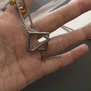 Kalung Liontin Square Triangle Pria Wanita Rantai Panjang Silver Titanium Stainless Steel Anti Karat