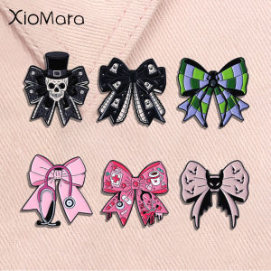 Pink Bowknot Stethoscope Enamel Pins Gothic Halloween Bow Spooky Skeleton Dark Romantic Brooches  Lapel Badges Jewelry Gifts