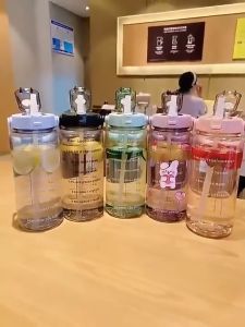 Botol Air Minum Transparan Bening Jumbo 2 Liter Water Drink Motivation 2000 ML Botol Minum Sekolah Anak Korea Viral Tiktok 2023 Anti Tumpah Aesthetic