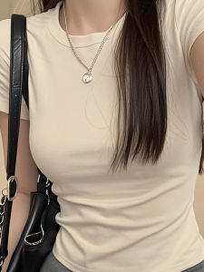 เสื้อยืดคอกลมแขนสั้นผ้าฝ้ายแท้สไตล์อเมริกันสำหรับผู้หญิง ทรงสลิมฟิต ทรงเข้ารูป แฟชั่นฤดูร้อน เสื้อผ้าทำงาน