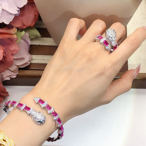 Fashionable Snake Ring Set Embedded Red Corundum Heavy Work Spring Diamond Embedded Small Snake Bracelet And Ring Jewelry Set