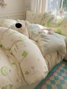 Fresh Cotton Bedding Set Girls Heart Cartoon Design 100% Pure Cotton Duvet Cover Sheet Three-Piece Dormitory Bedding Set