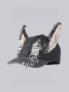 Y2g Waste Soil Style Three-Dimensional Ears Denim with Hole Peaked Cap Female Hipster Iron Hoop Stylish Street Baseball Cap Dark Black