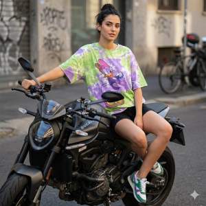 Tie-dye graphic t-shirt with cartoon character design for men and plus size women cotton spandex casual outfit