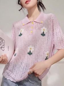 Pink Lace Hollow Polo Collar Short Sleeve Embroidered Knit Top