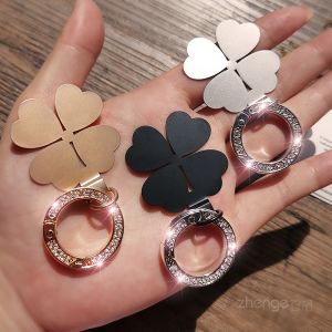Ultra-Thin Stainless Steel Mobile Phone Charger Hook Pendant Clip Metal Four Leaf Clover Upgrade Version Gold Rhinestone round Buckle