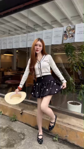 TW22658  set 2 ชิ้น เสื้อไหมพรมแขนยาว + กระโปรงบอลลูนลายจุด ..