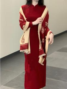 Retro Style Double-Sided Cashmere-Like Shawl Tea Rose Pattern Versatile Warm Neck Warmer Multi-Functional Womens Fashion Accessory