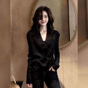 Elegant V-Neck Tie Waist Blouse Black