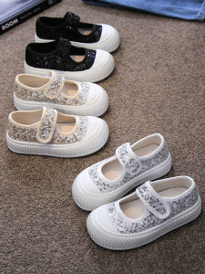 Mary Jane Canvas Shoes Girls Shoes Sequin 2024 Summer New Arrival Kids Biscuit Shape Shoes Breathable Princess Shoes Children