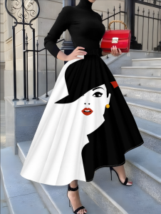 Printed Design Four-season black and white retro portrait print vacation-style womens Half-length skirt