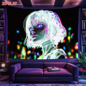 VIKAMA Neon Tóc Trắng Cô Gái Anime Tấm Thảm Tím Xanh Phát Sáng Khuôn Mặt Nữ Nhiều Màu Sắc Bokeh UV Blacklight Phòng Ngủ Nghệ Thuật Treo Tường Polyester