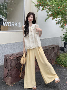 Salt And Sweet Style Lace Splice Sleeveless Top Bottoms Set Women Summer New Yellow Lightweight Wide Leg Pants Two Piece Set