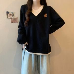 Loose V-neck Knitted Sweater Bear Pattern Womens Base Shirt Spring New Style plus Size Pink Korean Style Commute Fashion