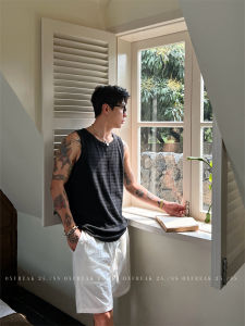 เสื้อกั๊กแขนกุดบางระบายอากาศได้ดีสำหรับผู้ชาย OXFREAK ทรงหลวมๆ สำหรับฤดูร้อน สไตล์ย้อนยุค ลายทางท่อตรง ผ้าโพลีเอสเตอร์ผสมคอตตอนและยางยืด