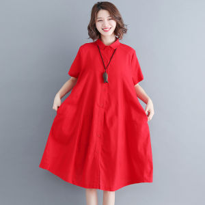 Summer Classy Plus Size Ladies Loose Slim Looking Casual Linen Midi Dress Plus Size Western Style Youthful-Looking Cotton and Linen Shirt Dress