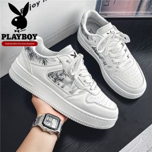 รองเท้าผ้าใบผู้ชาย Playboy ฤดูหนาว รองเท้าผ้าใบแบบสวม ส้นเตี้ย พื้นนุ่ม หนังแท้ รองเท้าลำลอง สวมใส่สบาย รองเท้าบอร์ด