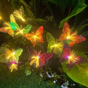 1PC 6head Solar Colored Fiber Optic Butterfly Ground Plug-in String Light with Rainbow Gradient Lighting Used for Garden Lawn