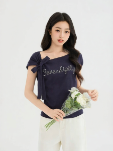 SANFU | Summer New Design Letter Glitter Strapless Slanted Shoulder Loose Casual Women Tshirt