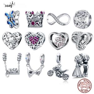 WOSTU จริง 925 เงินสเตอร์ลิงหัวใจลูกปัดดอกไม้ Retro รูปแบบ Charms จี้เดิม DIY สร้อยข้อมือสร้อยคอเงินเครื่องประดับ
