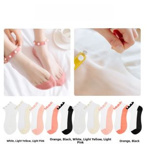 JINGCHI | Trendy Pearl Lace Net Stockings Womens Short Socks Thin Mouth Transparent Fashion Crystal Silk Summer Thin Trendy INS Cotton Polyester Spandex Blend Moisture Wicking Boat Socks Pure Color Five Pairs