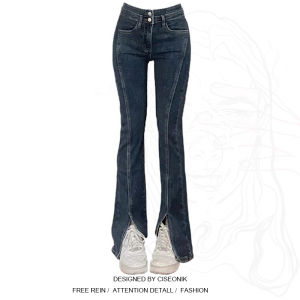 สูง เอว พลัสไซส์ เดนิม กางเกง ผู้หญิง หลวม Fit ยืดได้ Slit Straight Leg กางเกงยีนส์ Fall Season Wide Leg กางเกงขายาว