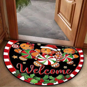VIKAMA Christmas Gingerbread Man Welcome Doormat Easy-Clean Home Décor Semi-Circular Entrance Hall Doormat Indoor/Outdoor Rug