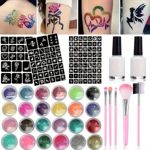 สีสัน Glitter Wax กระดาษแปรง Tattoo Kit ศิลปะร่างกายชั่วคราว DIY รอยสักชั่วคราวที่มีการออกแบบที่สดใส ชั่วคราว Tattoo Suppl
