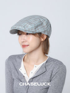 Retro Color Block Plaid Beret Hat Womens Summer New Style Face Slimming Inverted Wearing Large Head Circumference Clog Hat